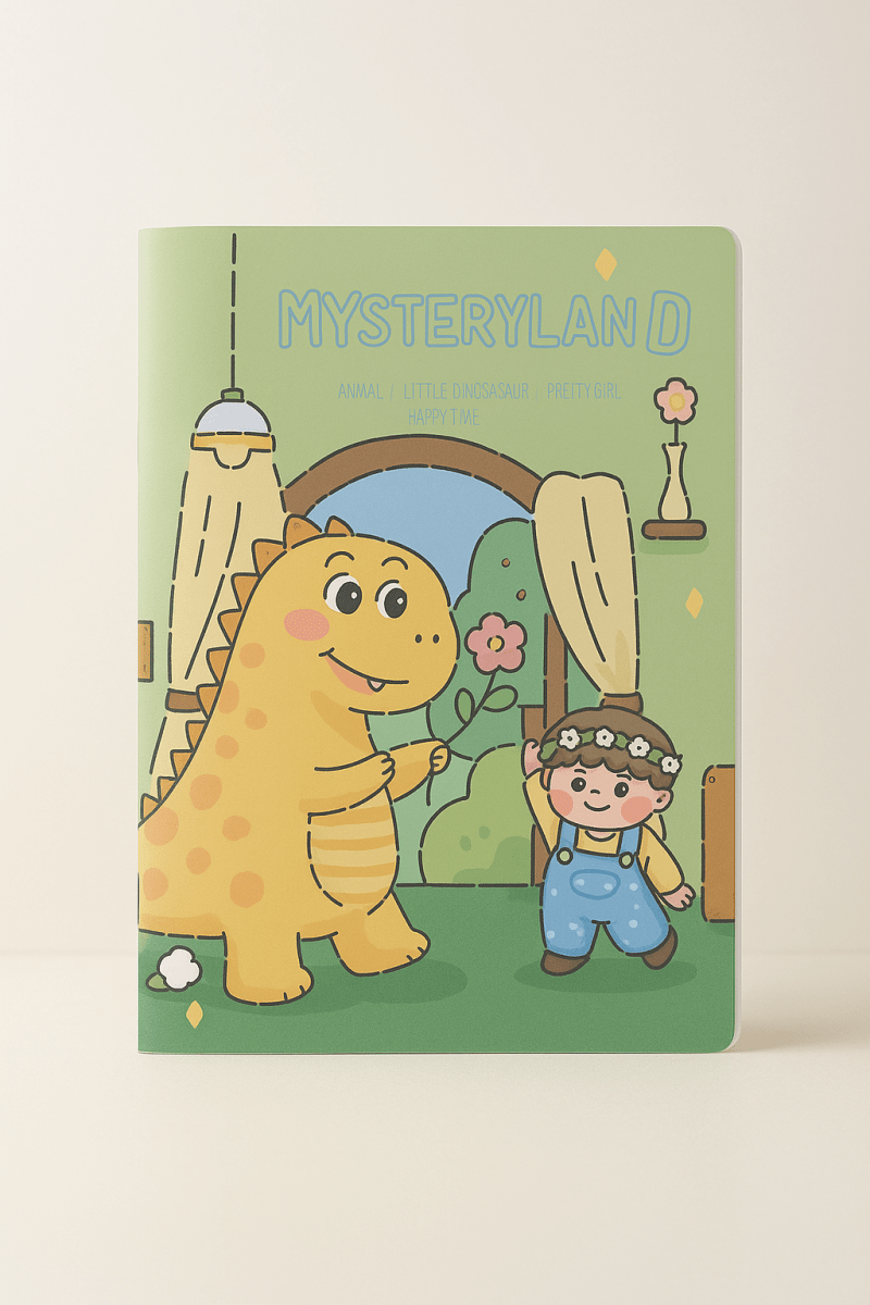 A5 dinosaur notebook with green frosted plastic cover, cartoon dinosaur family illustration.