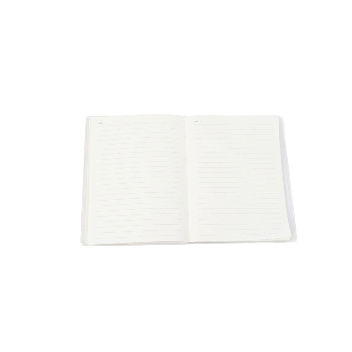 A5 dinosaur notebook opened flat, white lined pages with no cover visible.