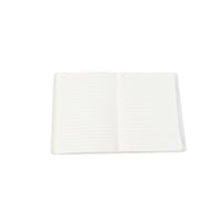 A5 dinosaur notebook opened flat, white lined pages with no cover visible.