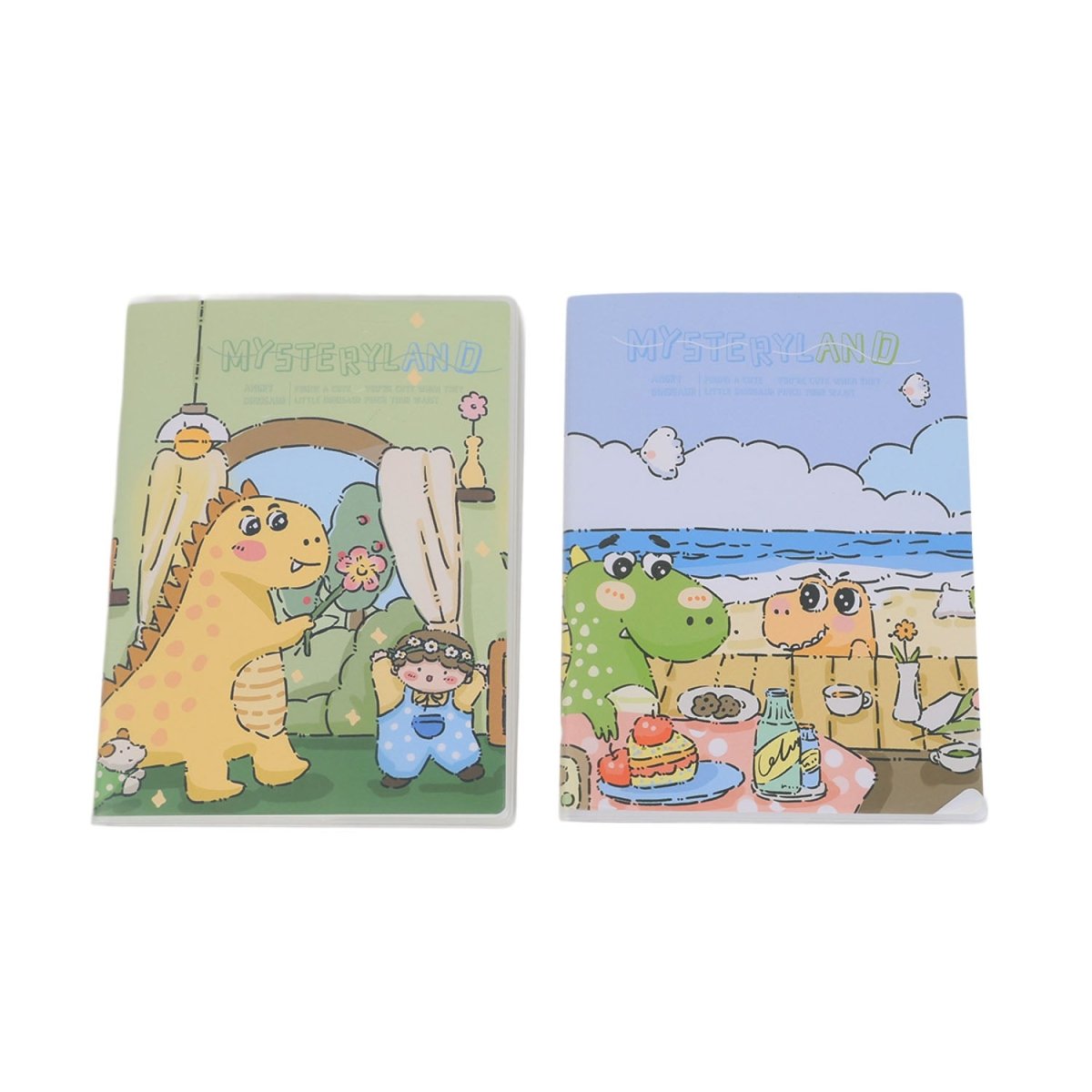 A5 dinosaur notebook pair: green and blue frosted plastic covers with cartoon scenes.