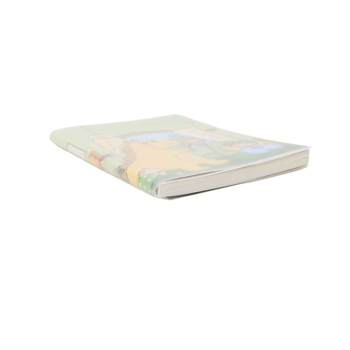 A5 dinosaur notebook side view with frosted plastic cover and colorful character artwork.
