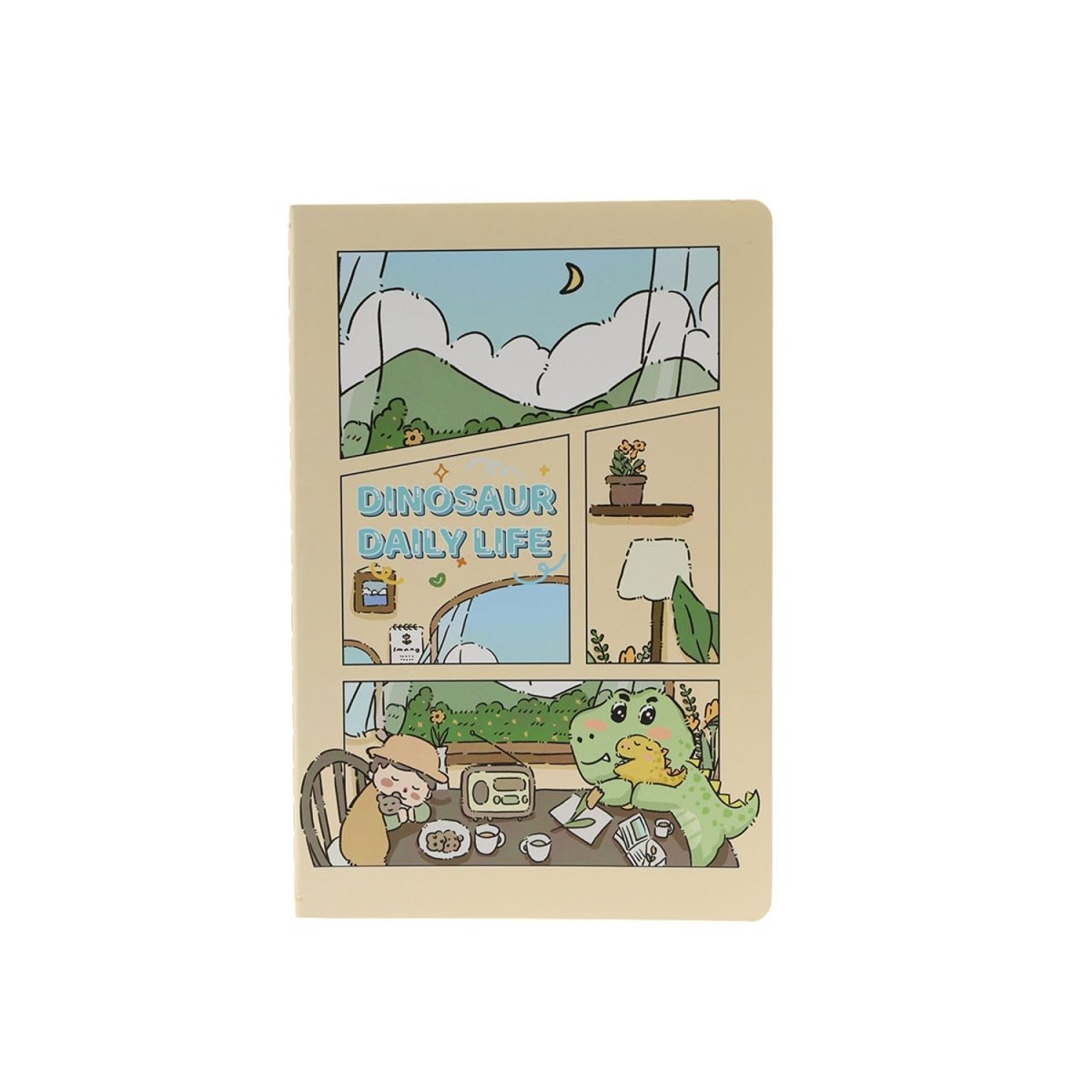 A5 dinosaur cartoon stitched notebook, front view with multi-panel dinosaur life artwork