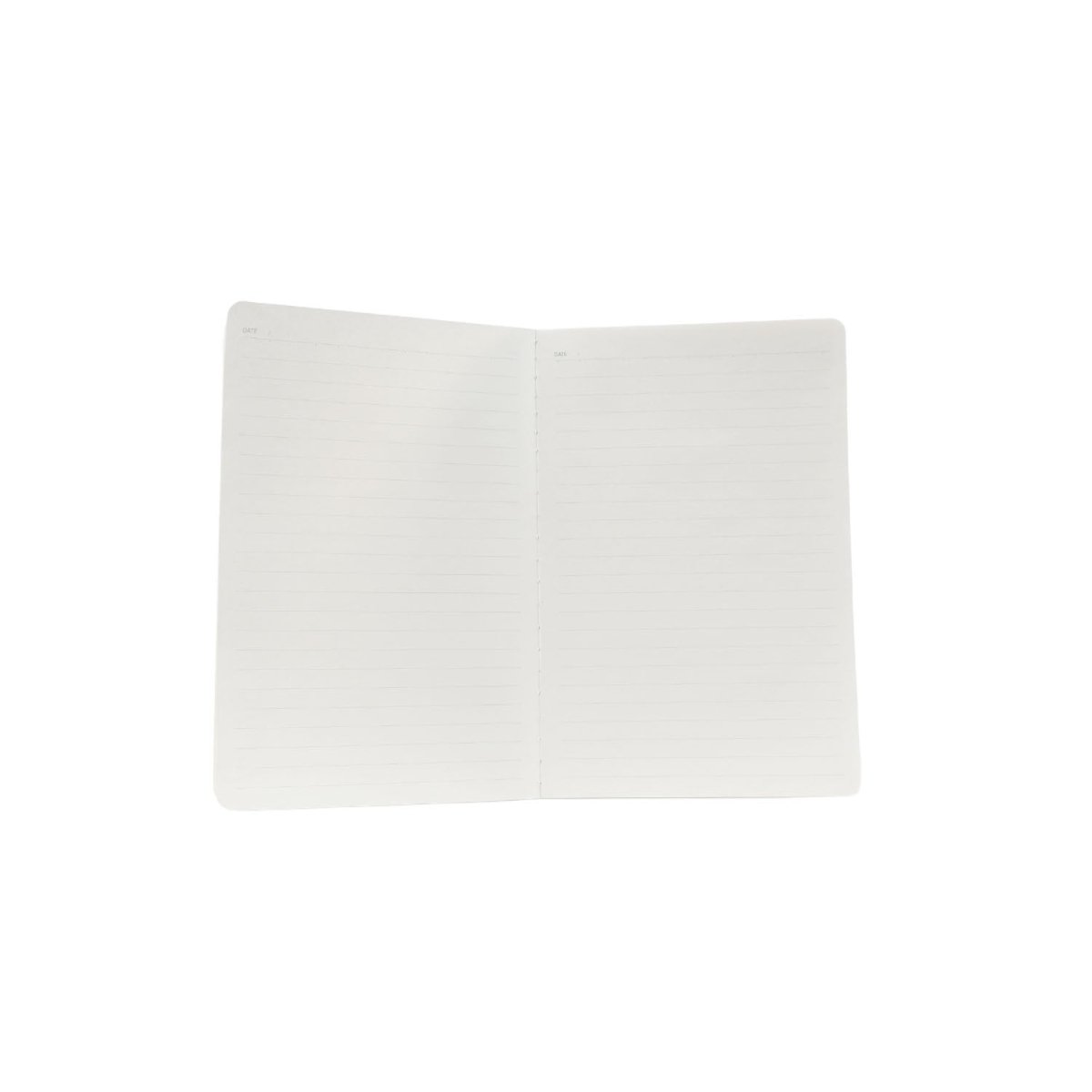 A5 notebook open inside pages, blank white sheets with stitched spine