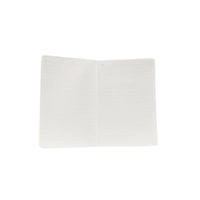 A5 notebook open inside pages, blank white sheets with stitched spine