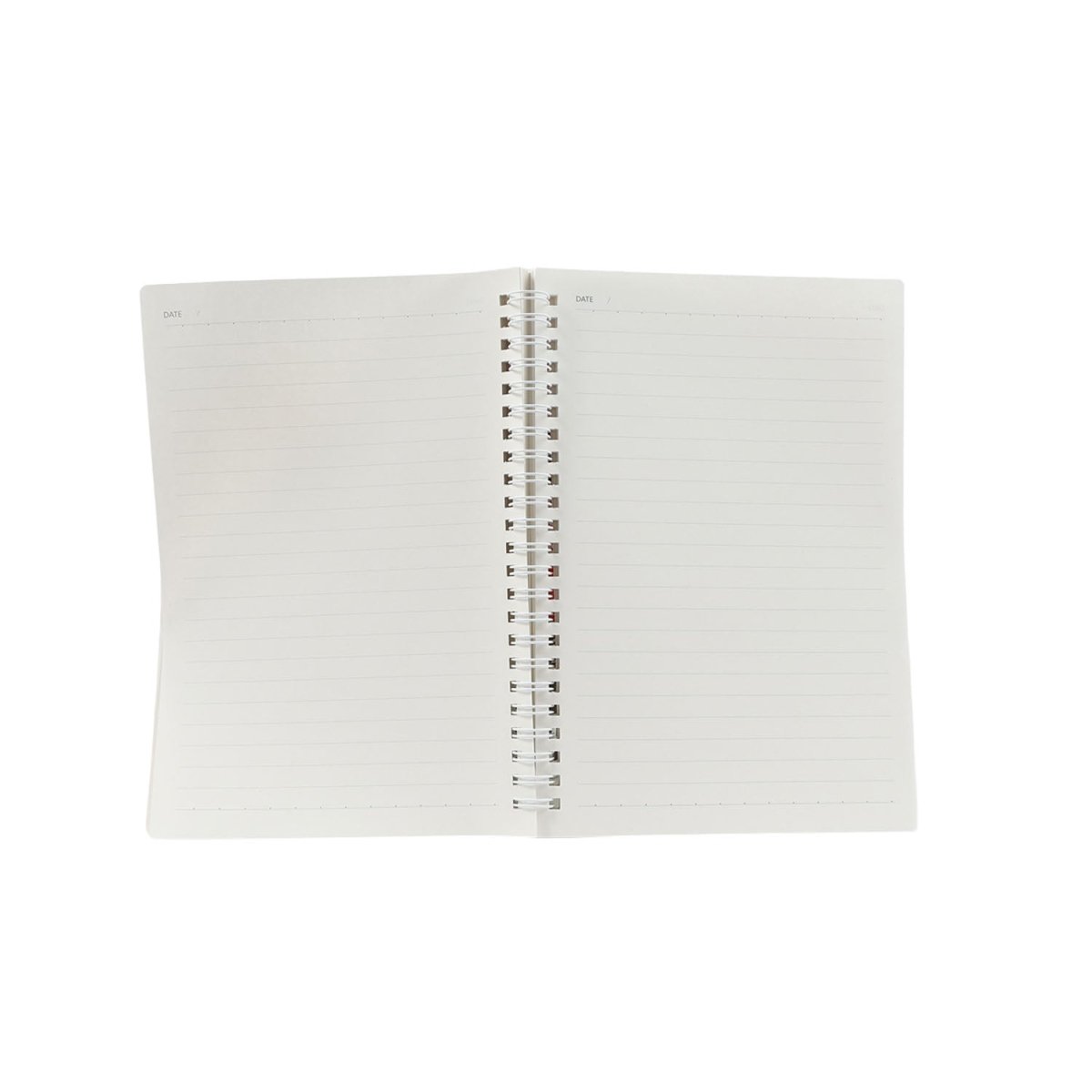 A5 spiral notebook opened flat, lined pages visible with spiral binding