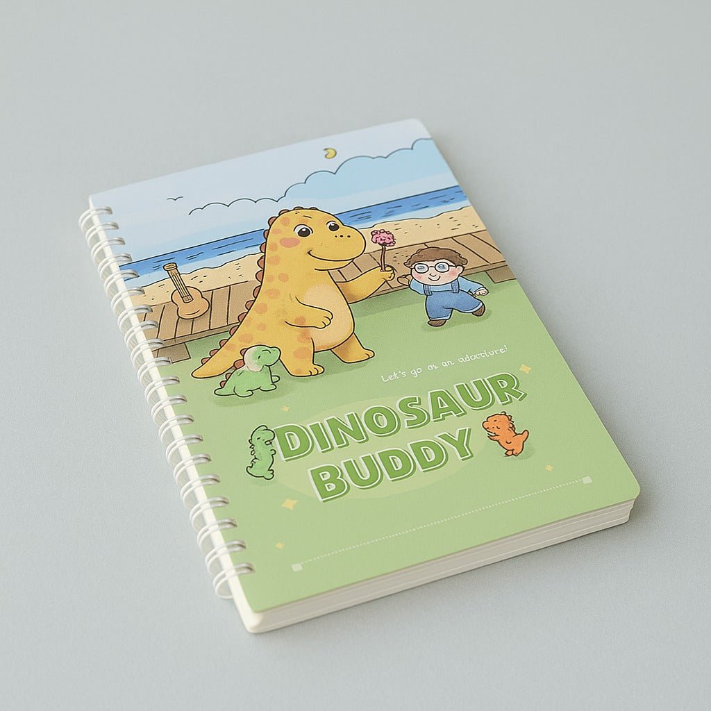 A5 spiral notebook with cute dinosaur buddy cover, colorful scene and green bottom