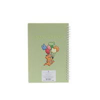 A5 spiral notebook green back cover with dinosaur buddy graphic and barcode label