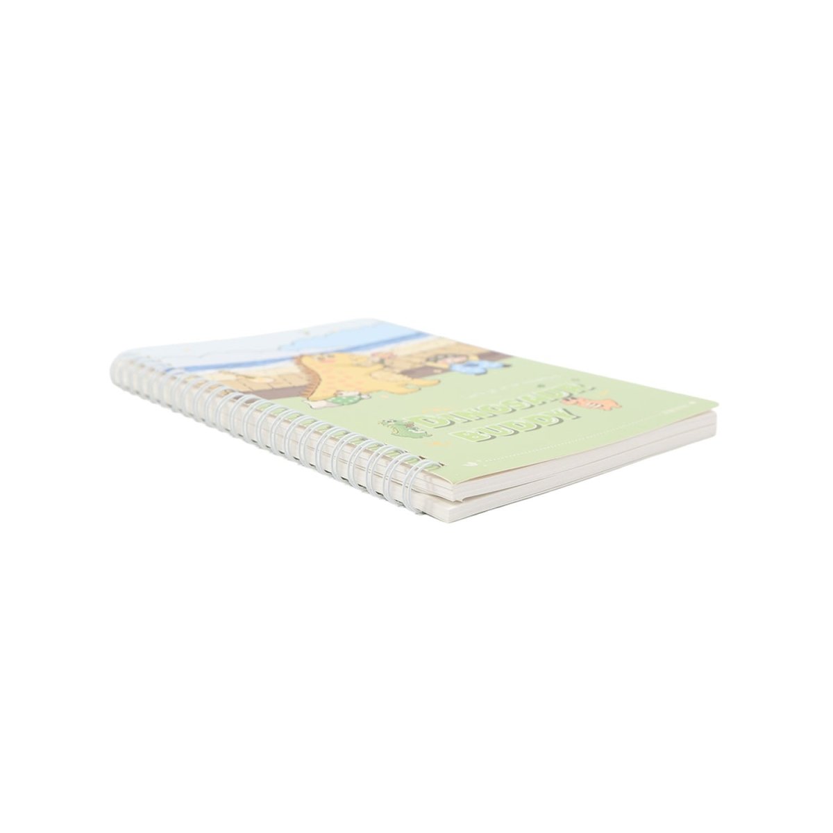 A5 spiral notebook with dinosaur buddy cover, angled side view with spiral rings