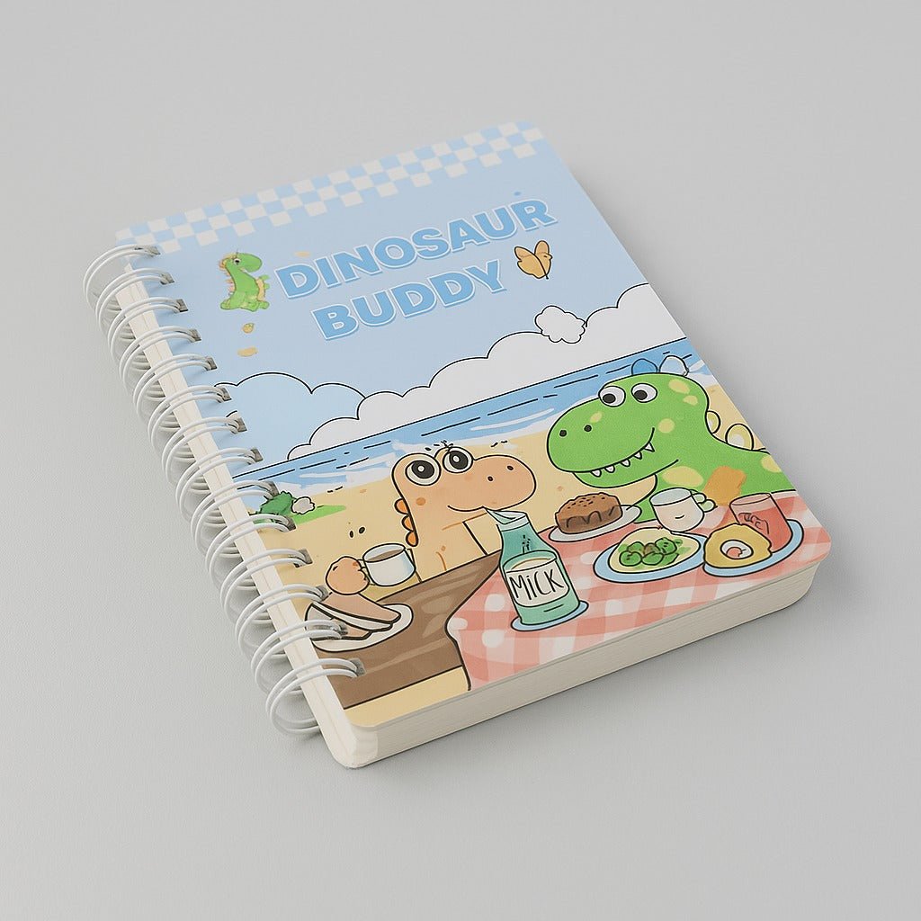 A6 spiral notebook with “Dinosaur Buddy” cover art, kids and dinosaur characters, mixed design