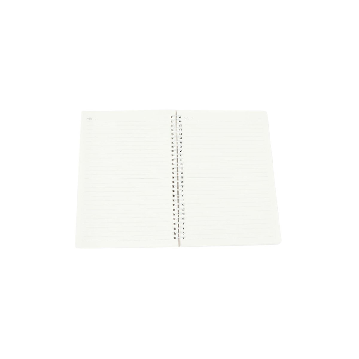Spiral notebook open to blank ruled pages, visible central spiral binding
