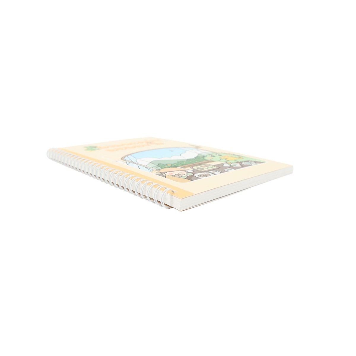 Spiral notebook angled view, beige dinosaur buddy cover with spiral wire binding