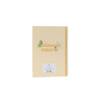 Spiral notebook back cover in beige with dinosaur buddy logo and barcode sticker