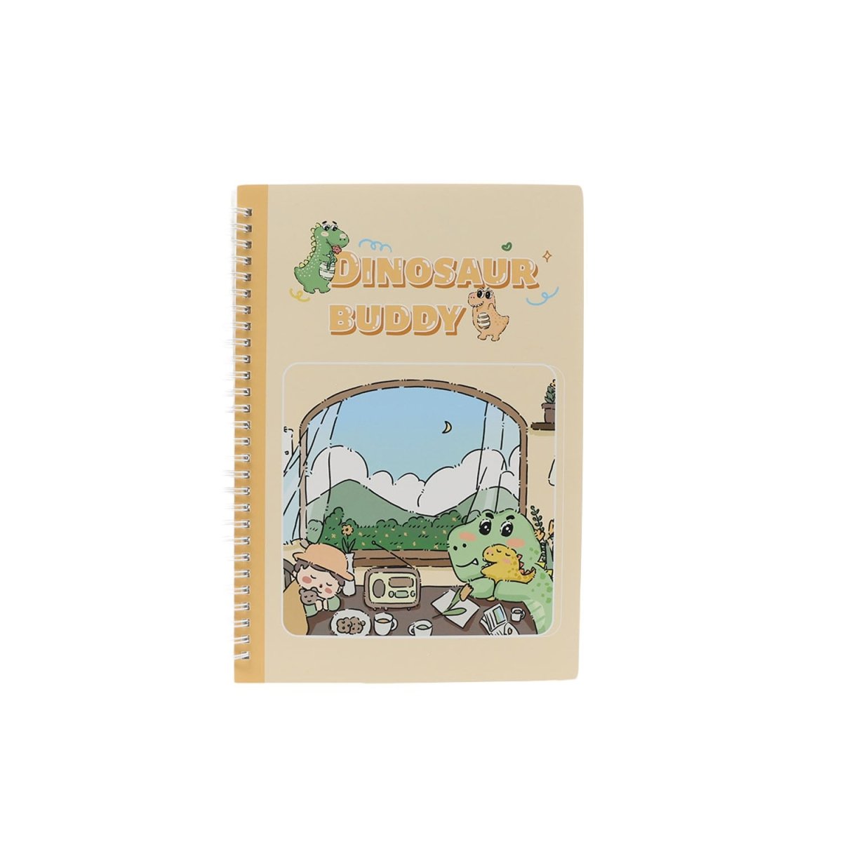 Spiral notebook with beige dinosaur buddy illustrated cover, dinosaur characters and arch scene