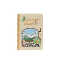 Spiral notebook with beige dinosaur buddy illustrated cover, dinosaur characters and arch scene