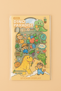 Cute dinosaur mixed sticker display pack on yellow card, featuring cartoon dinosaurs and kids