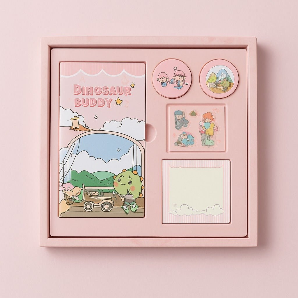 Kids dinosaur notebook set in pink gift box with matching stickers and note cards