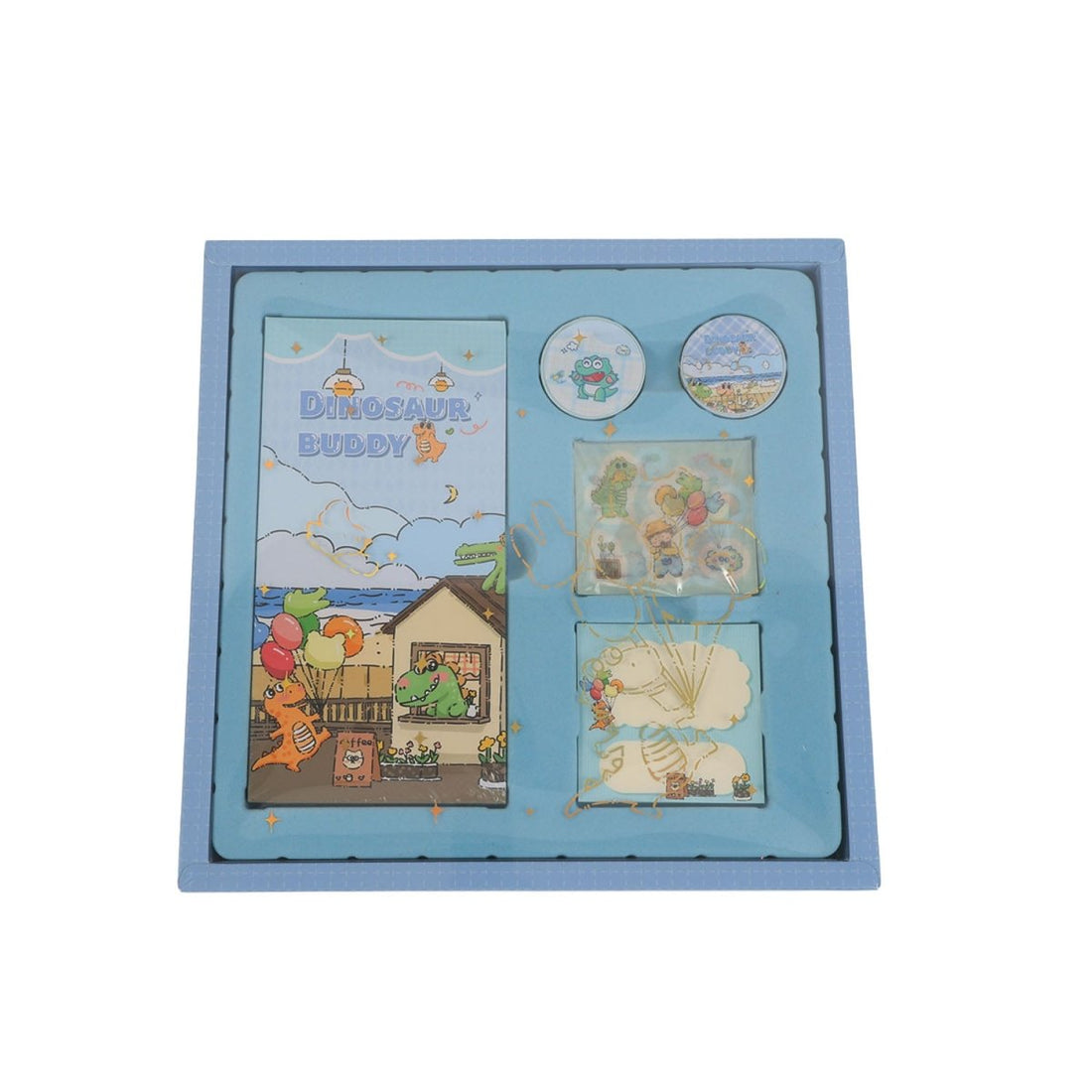 Kids dinosaur notebook set in blue gift box with matching stickers and note cards