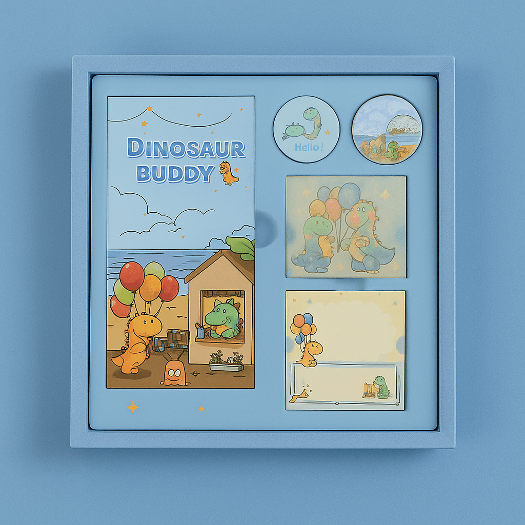 Kids dinosaur notebook set in blue gift box with dinosaur cover and sticker sheets