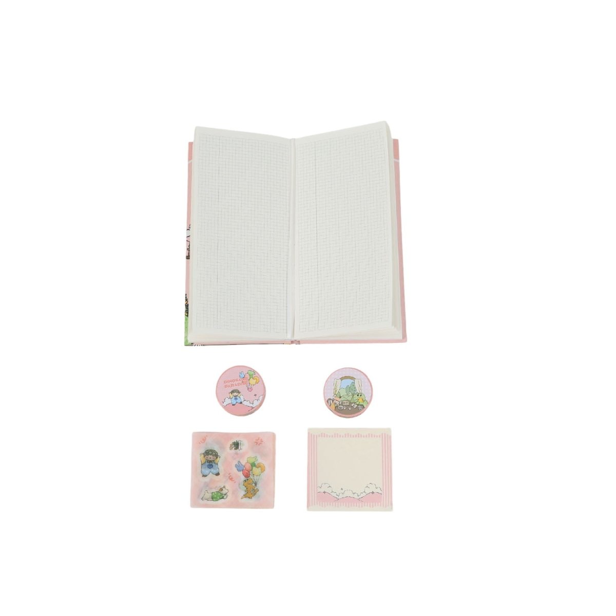 Open kids dinosaur notebook with white pages and four dinosaur sticker pieces