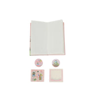 Open kids dinosaur notebook with white pages and four dinosaur sticker pieces