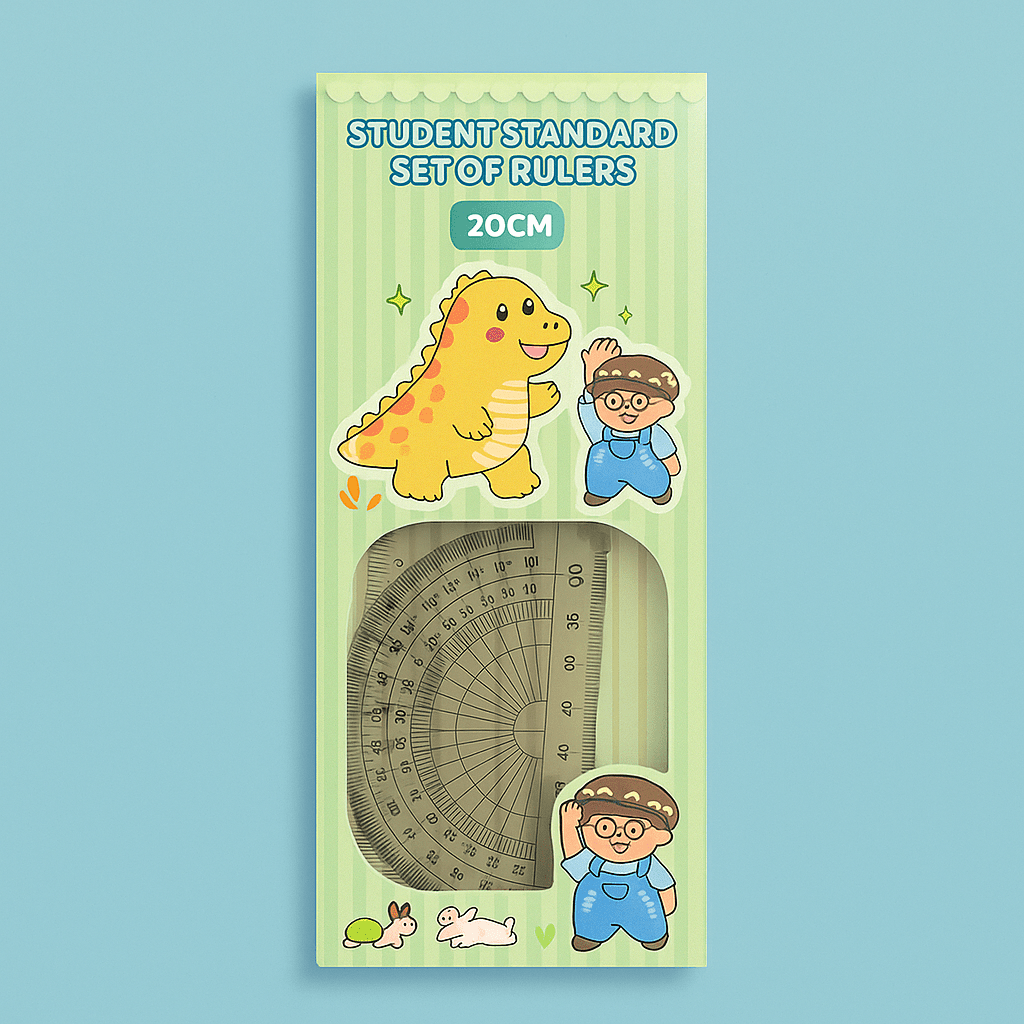 Light green dinosaur ruler set blister pack, 20cm protractor with measurement markings
