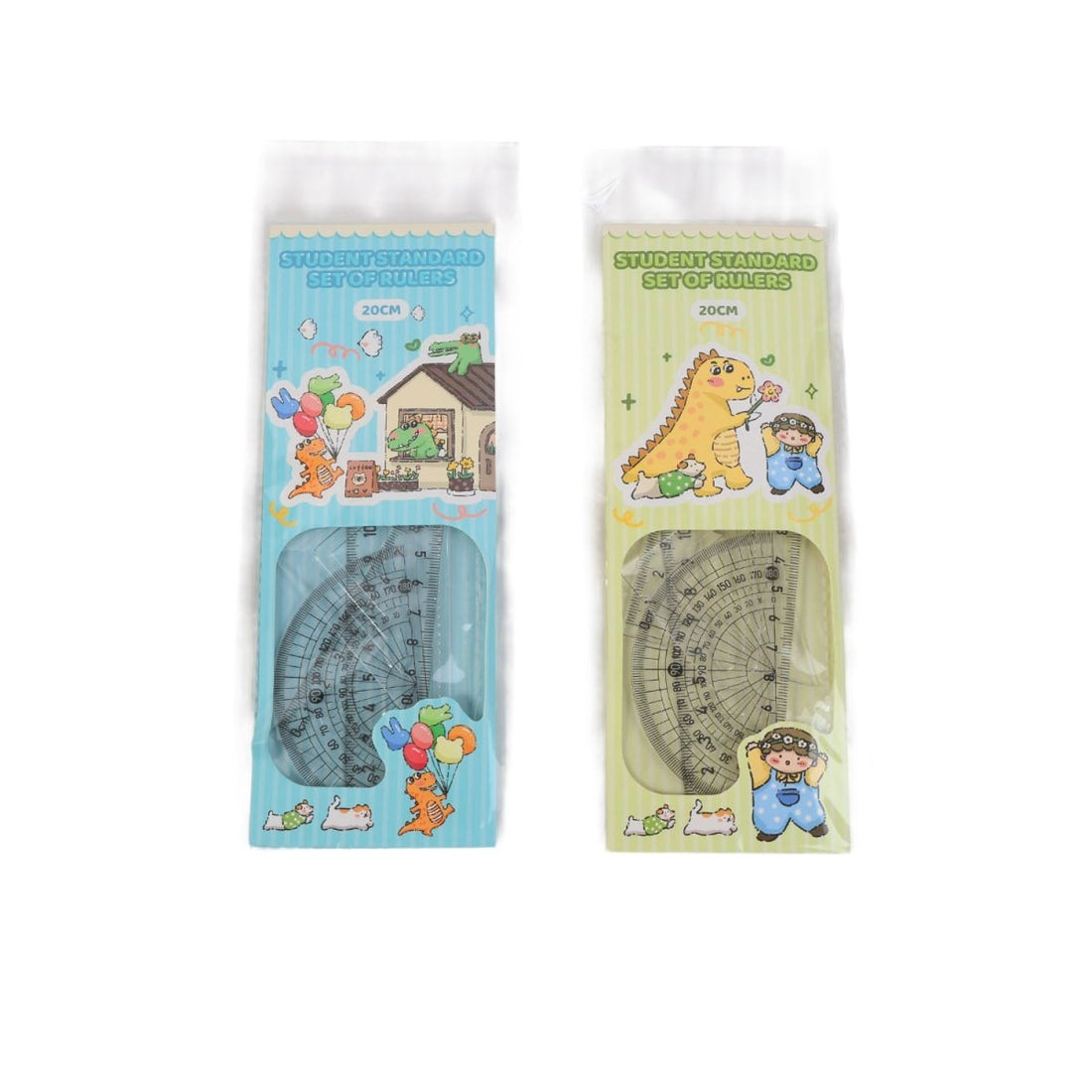 Blue and green dinosaur ruler set blister packs, 20cm protractor and rulers