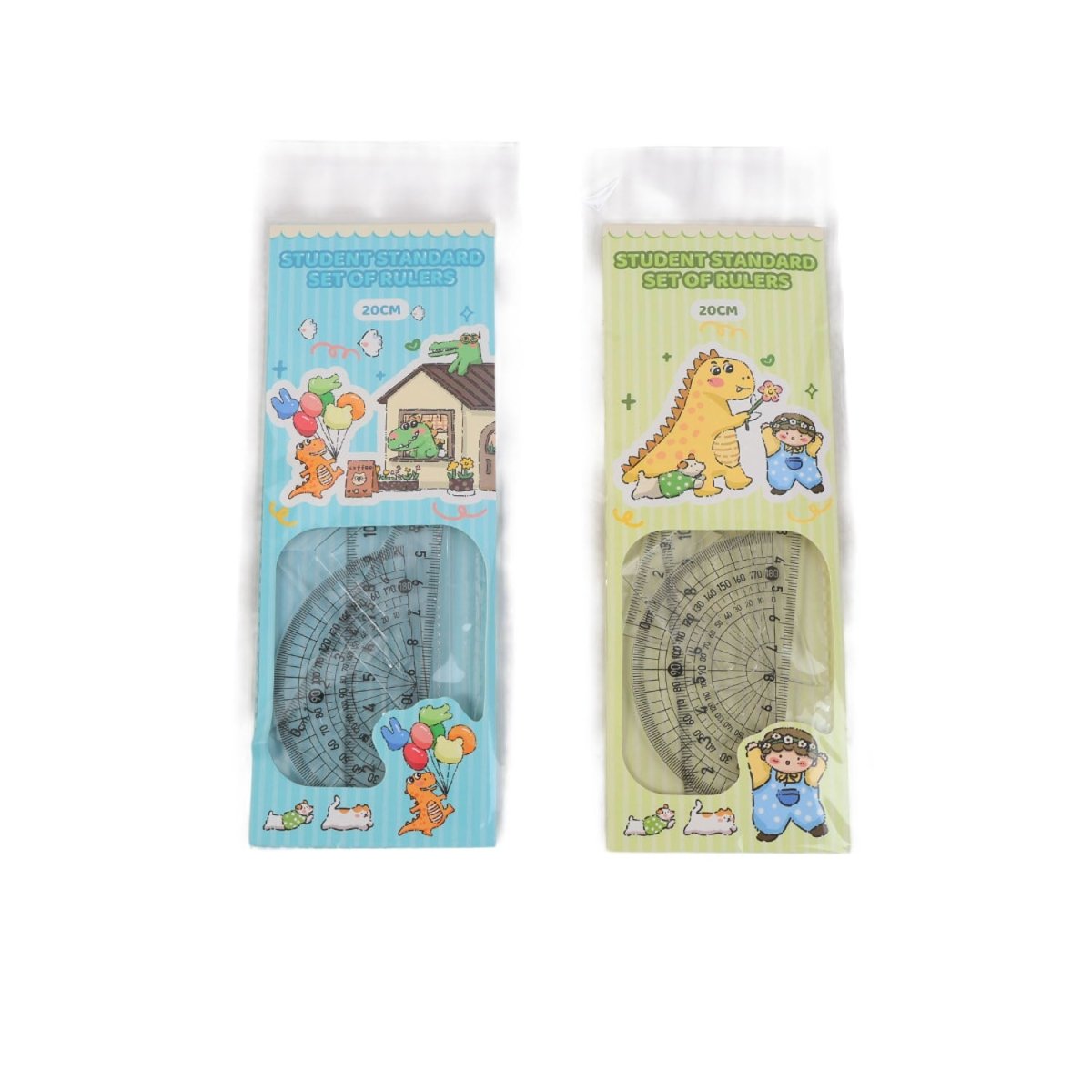 Blue and green dinosaur ruler set blister packs, 20cm protractor and rulers