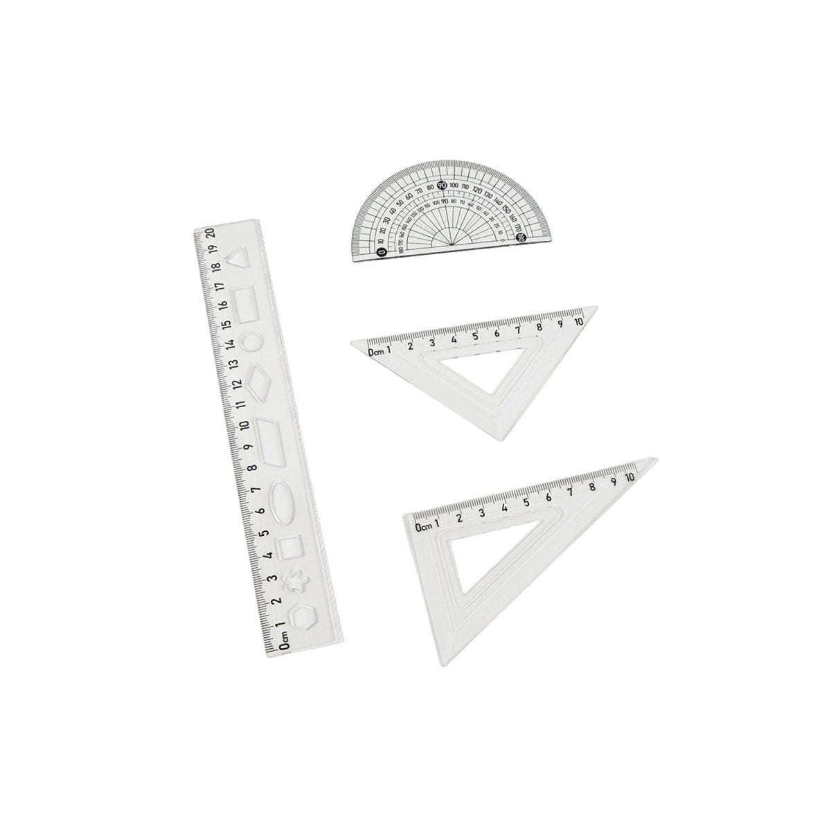 White geometry ruler set: semicircle protractor, long ruler, and two triangle guides