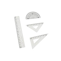 White geometry ruler set: semicircle protractor, long ruler, and two triangle guides
