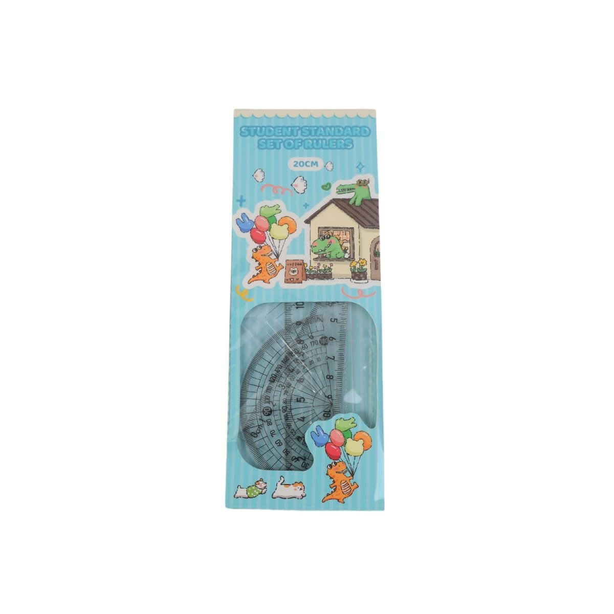 Blue dinosaur ruler set blister pack, 20cm protractor and triangle ruler guides