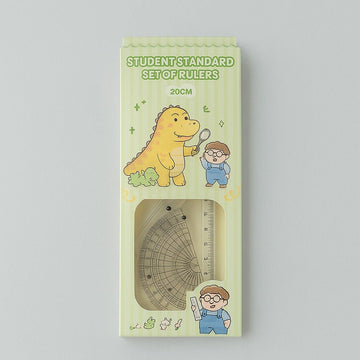 Green dinosaur ruler set blister pack, 20cm protractor and triangle rulers