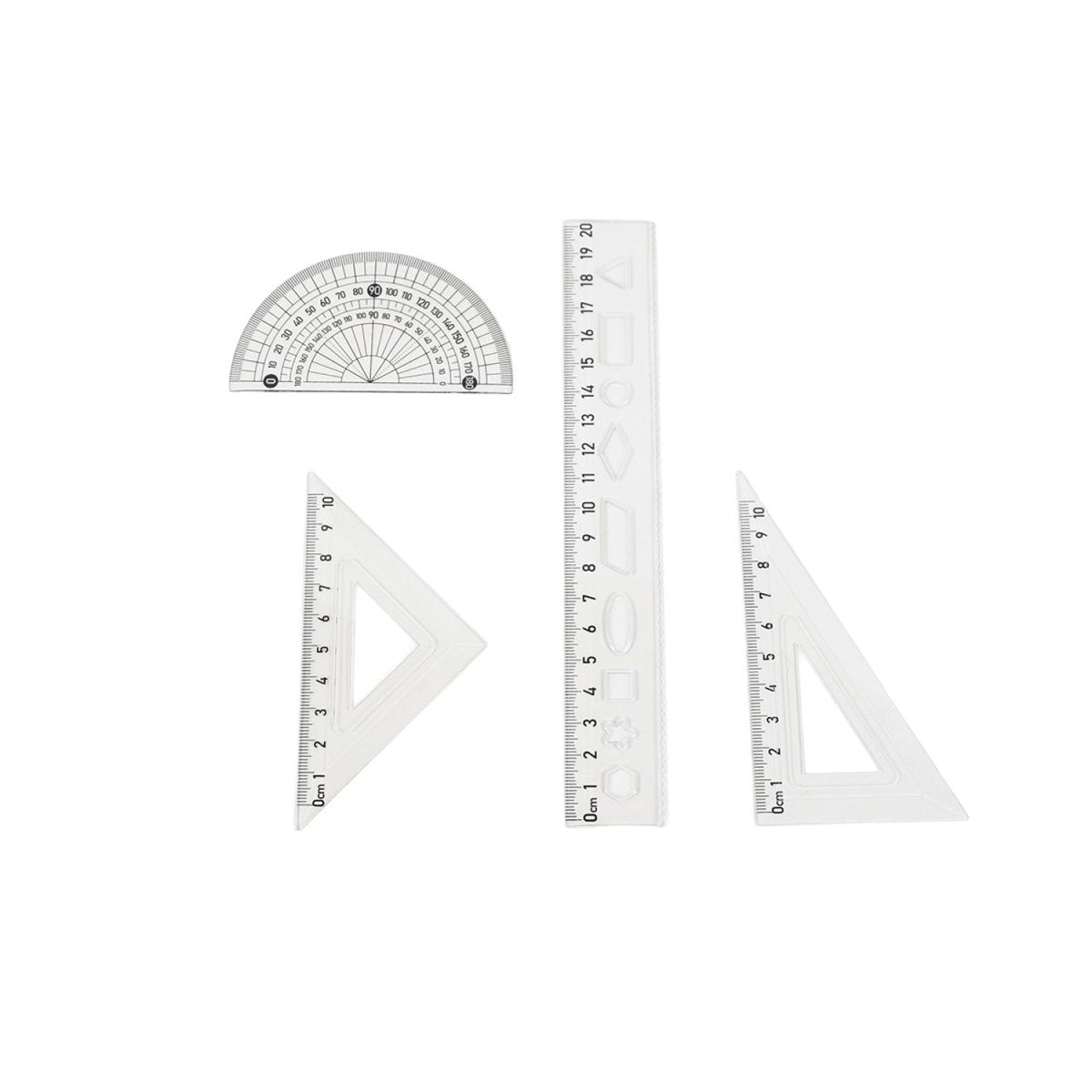 White protractor and triangle rulers with printed measurement scales