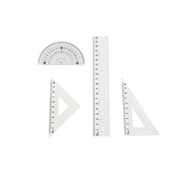 White protractor and triangle rulers with printed measurement scales