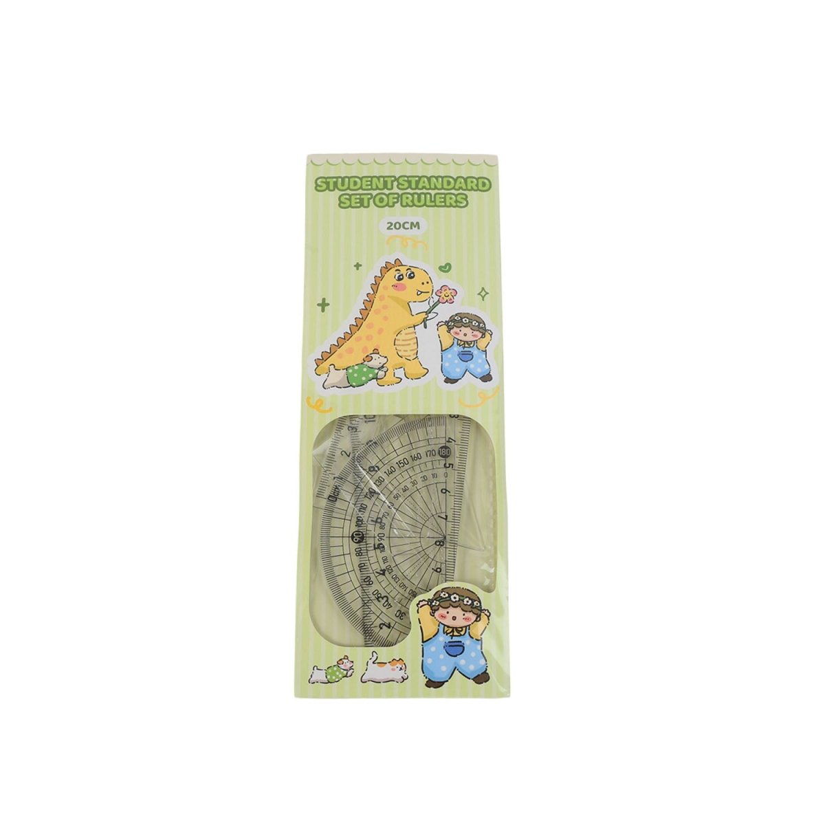 Light green dinosaur ruler set blister pack, 20cm protractor with labeled scales