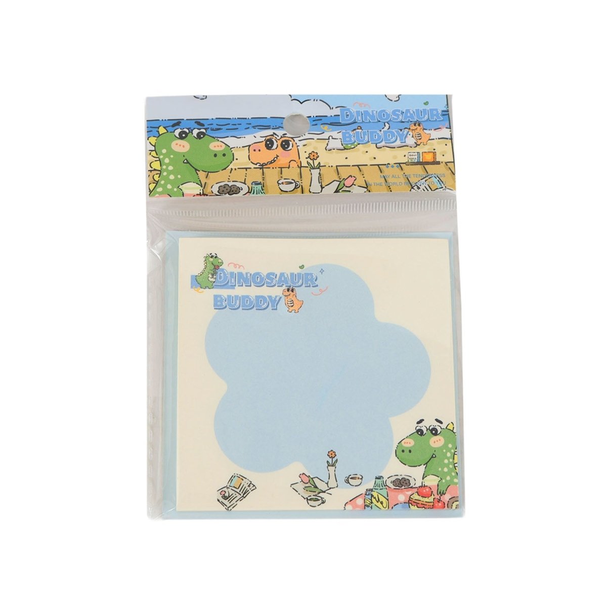 Square memo pad in clear package, 'Dinosaur Buddy' cover with dinosaur desk scene