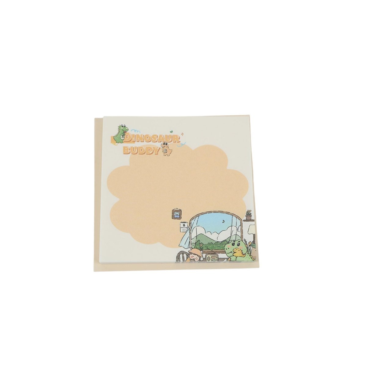 Square memo pad with 'Dinosaur Buddy' cover and dino in blue vehicle scene