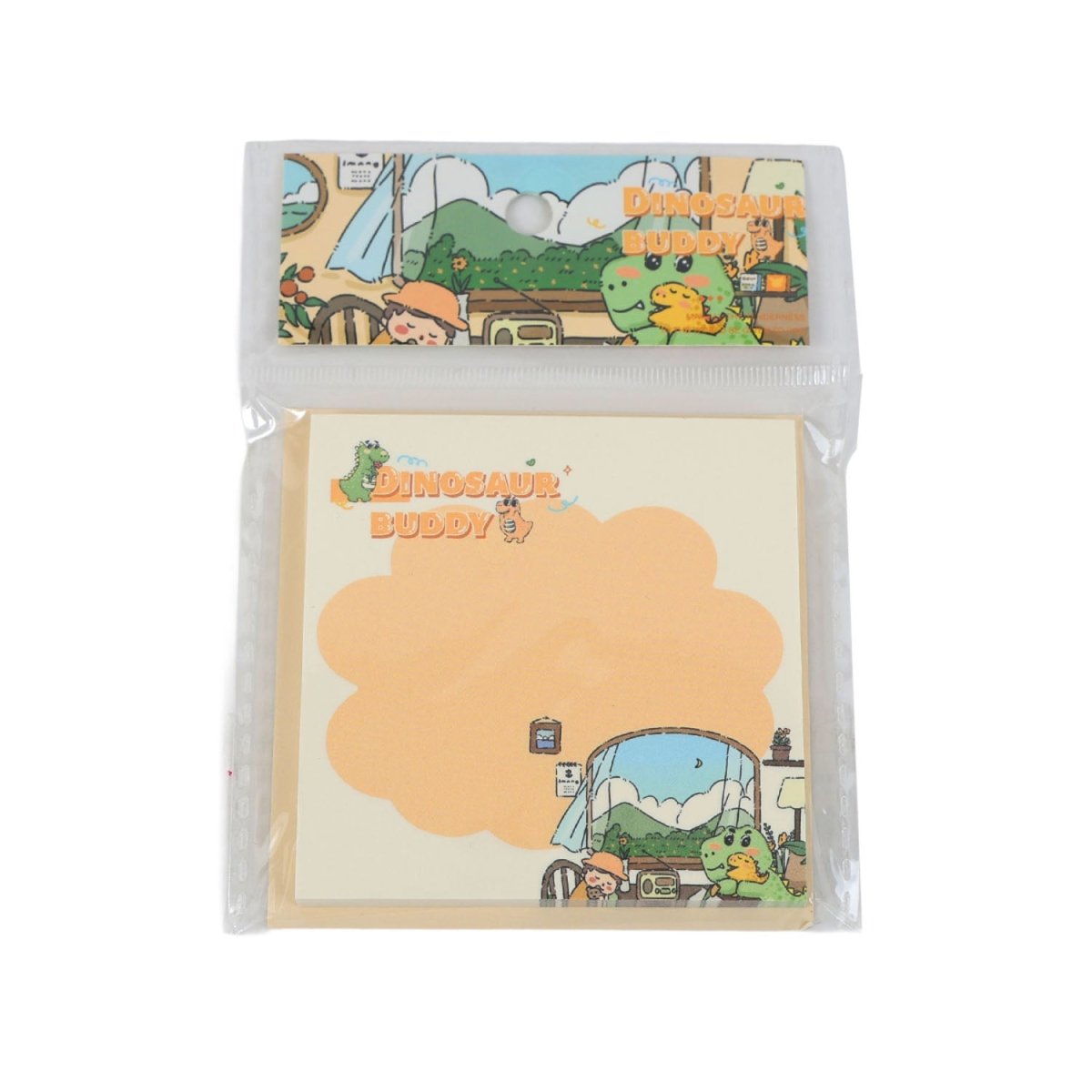 Square memo pad in clear package, 'Dinosaur Buddy' cover with dino near city scene