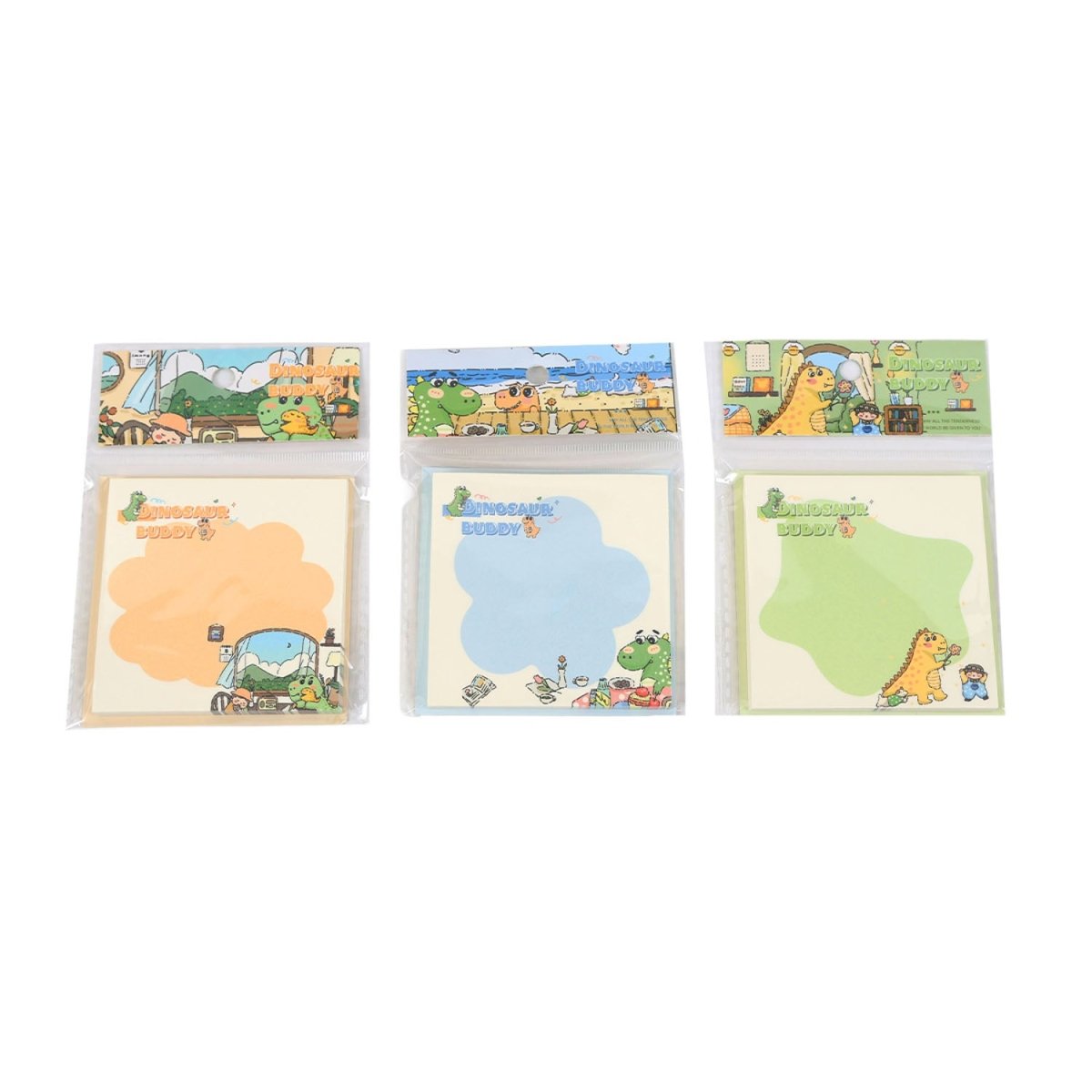 Square memo pads with 'Dinosaur Buddy' designs, three covers shown side by side