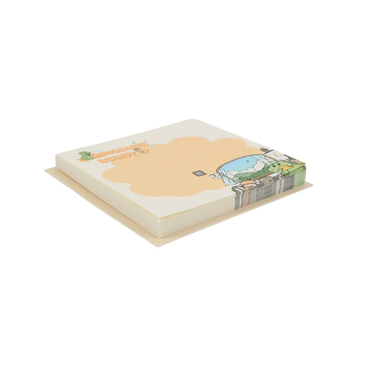 Square memo pad with 'Dinosaur Buddy' cover and dino in blue vehicle scene