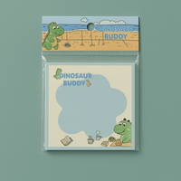 Square memo pad set in clear package, 'Dinosaur Buddy' cover with dinosaur scene