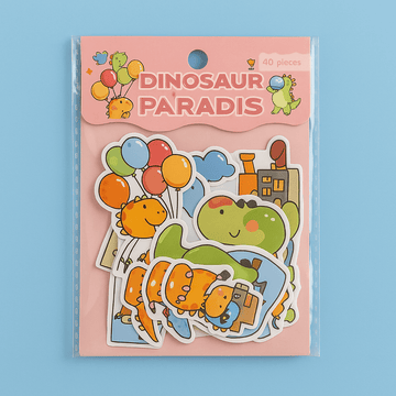 Pink dinosaur sticker pack with cute characters and balloons, 40-piece set
