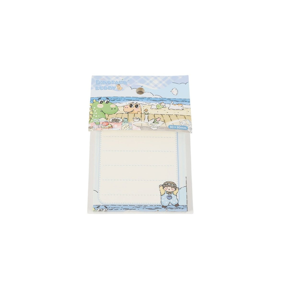 Dinosaur-themed sticky notes with blue beach illustration and blank lined writing area