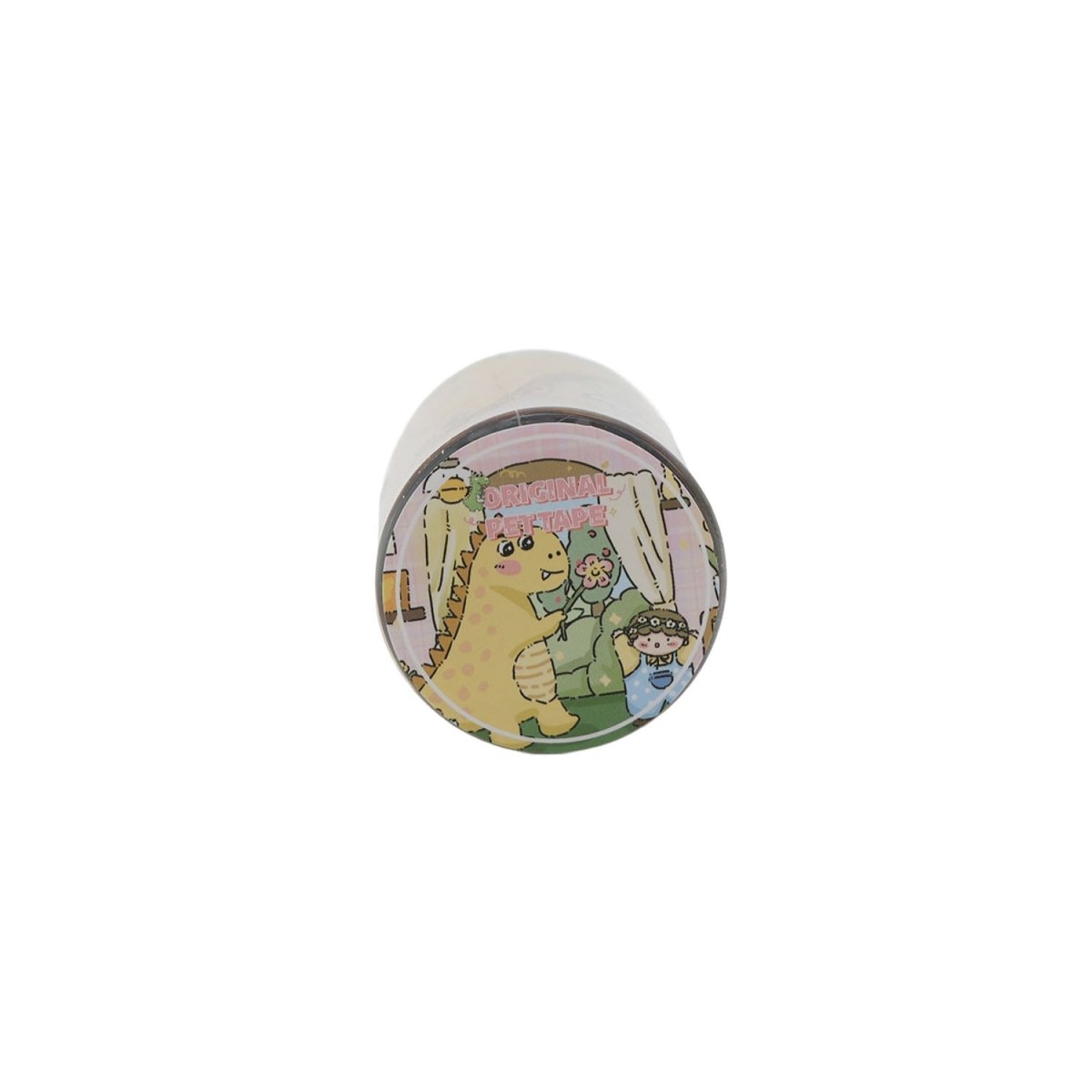 Dinosaur washi tape roll end with dinosaur character in forest scene, multicolor print