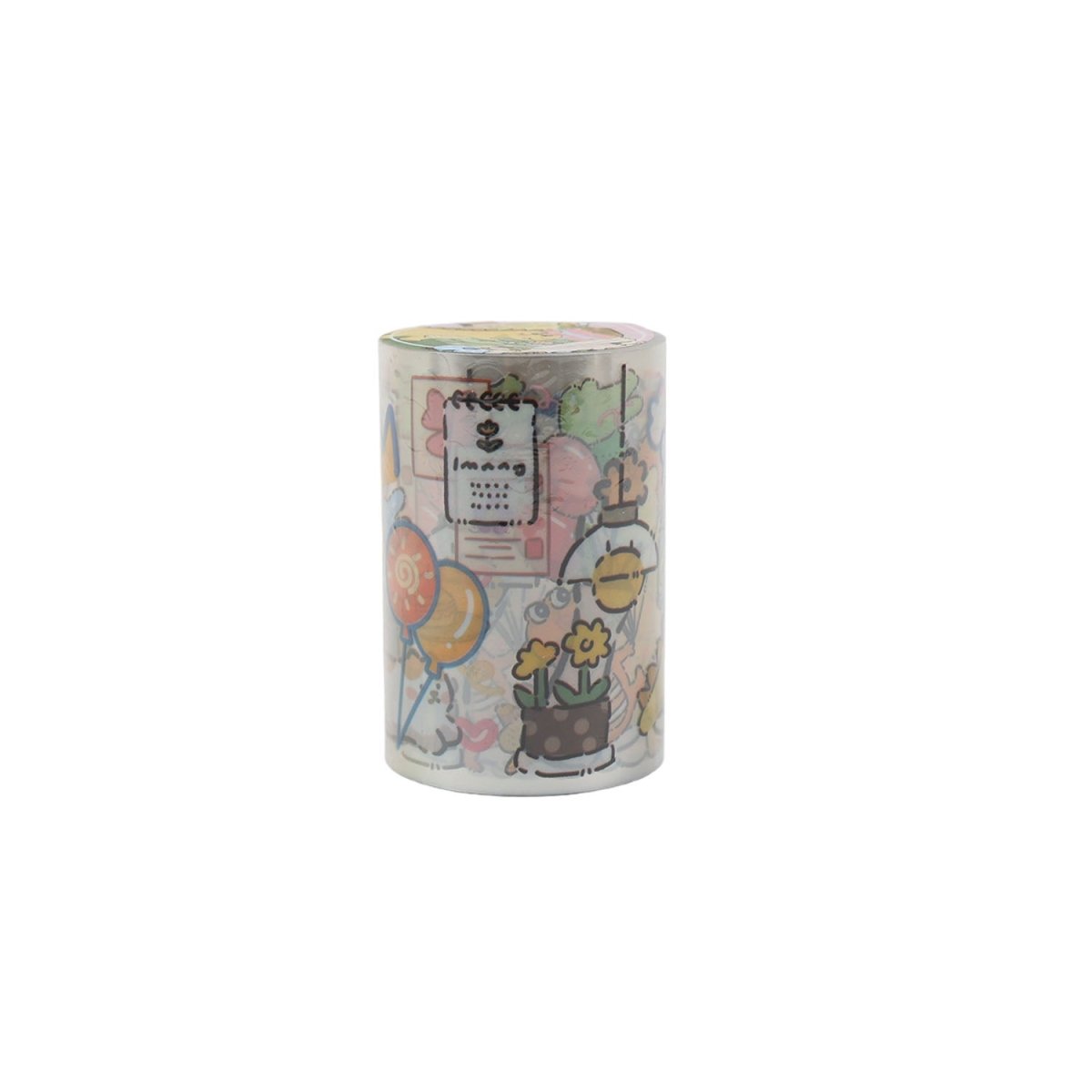 Dinosaur washi tape roll with cute characters, calendar and flower details, multicolor