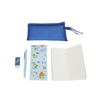 Blue zip pouch with open blank notebook, pencil, eraser, and dinosaur cards