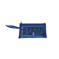 Blue zip pencil case with dinosaur print lining and hanging strap