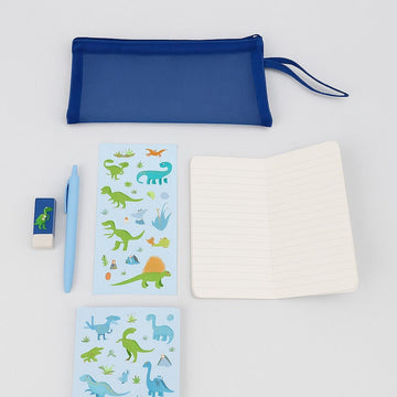 Dinosaur stationery set with blue zip pouch, pencil, eraser, and two dinosaur notebooks