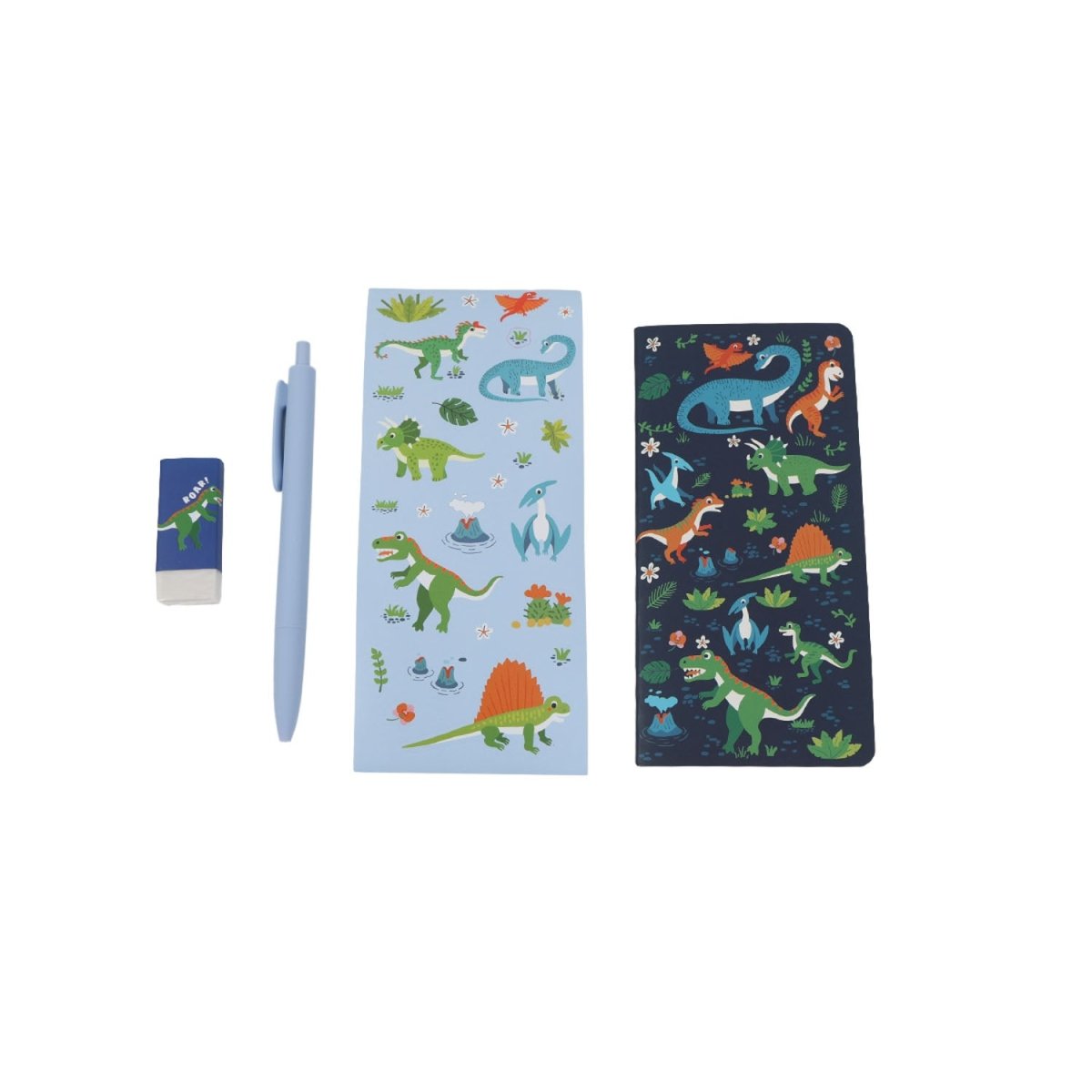 Dinosaur stationery set with patterned notebook, blue pencil, and small eraser