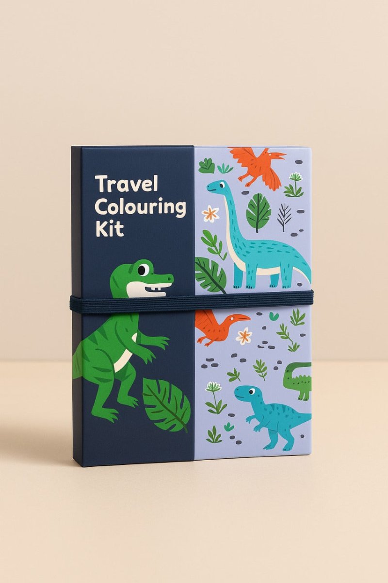 Dinosaur travel colouring kit with two-panel cover and dinosaur illustrations