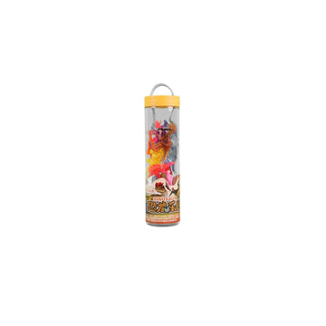 Dinosaur tube toy with clear container and yellow cap, filled with multicolor dinosaurs